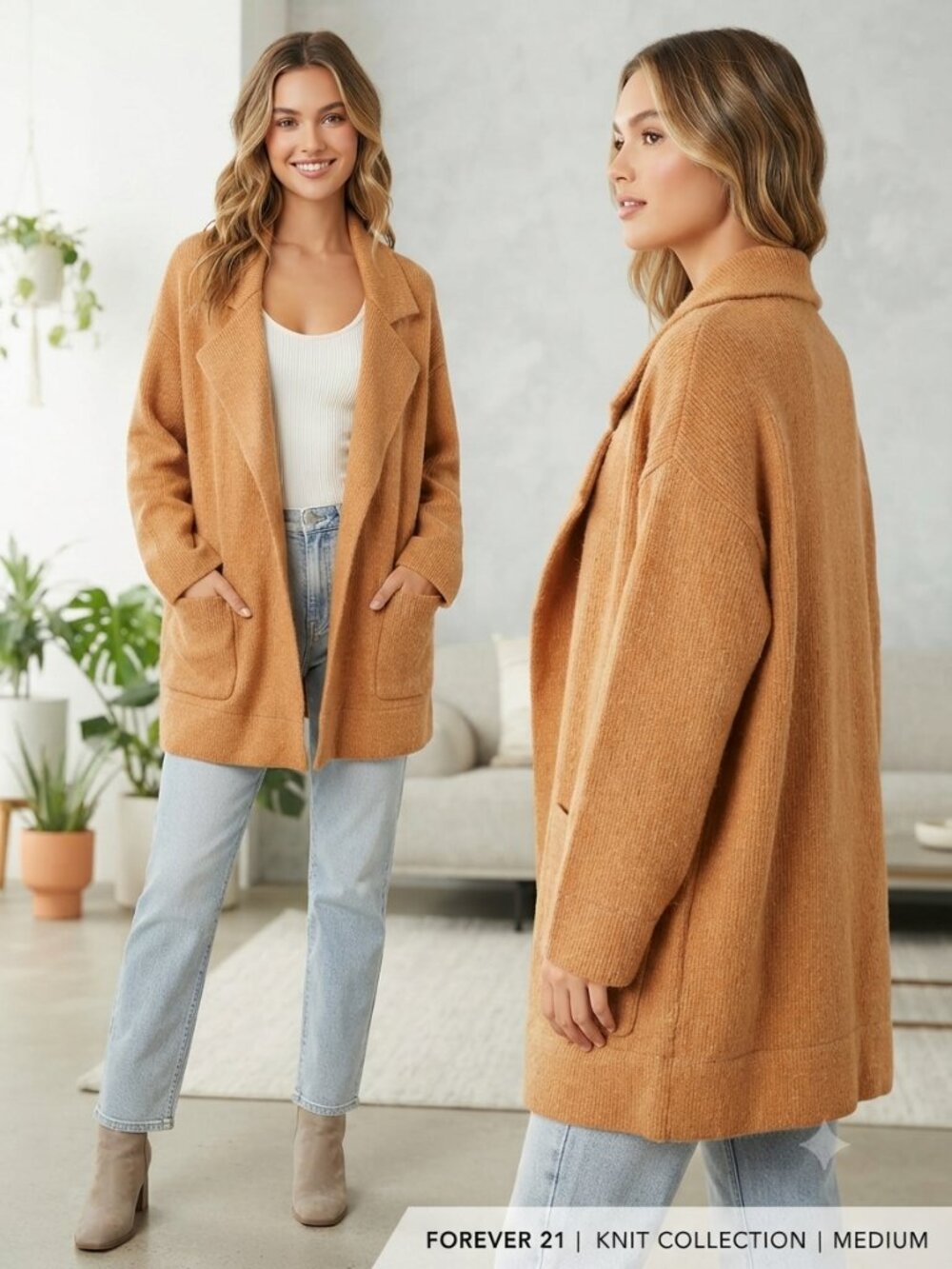 Forever 21 Tan Oversized Lapel Knit Cardigan Sweater w/ Pockets Size Medium NEW